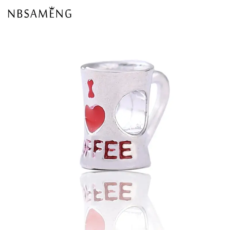 

New Fashion Silver Plated Beads Charm I love Drink Coffee Enamel Beads Fit Original Pandora & Bangles Women DIY Jewelry 2018
