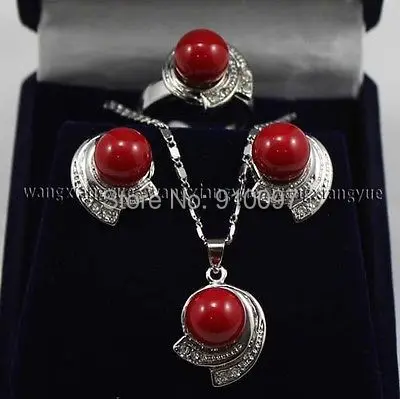 

LHX54012>>Red South Sea Shell Pearl Earring Ring & Necklace Pendant Set