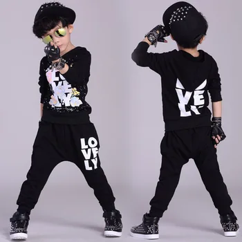 

2016 Kids clothing set spring Autumn Flower kids suits Love Black Hip Hop harem pants & Hooded sweatshirt twinset