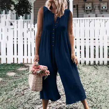 

2019 New Women's Casual Loose Solid Button Linen Cotton Jumpsuit Dungarees Playsuit Trousers Fashion Overalls
