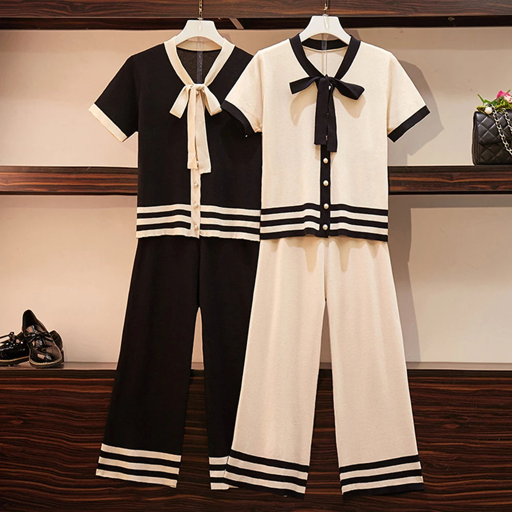 

Knitted Summer Suits Tracksuit for Women Knit Suit Outfit 2 Piece Sportswear Co-ord Set Pant and Top 2019 Striped Black Clothing