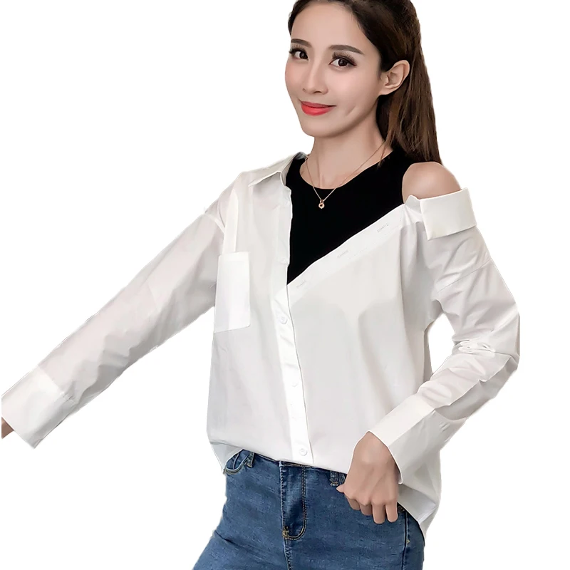 

Fake Two Piece Patchwork Blouse Autumn Open Shoulder Long Sleeve Womens Blouses Korean Shirt Tops 2019 Irregular White Blusas