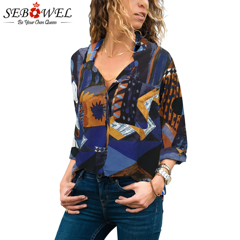 SEBOWEL الأخضر اللون كتلة المرأة البلوزات قمصان طويلة الأكمام مجردة نمط إمرأة قمم و البلوزات طباعة الإناث قميص أعلى 2019 SEBOWEL الأخضر اللون كتلة المرأة البلوزات قمصان طويلة الأكمام مجردة نمط إمرأة قمم و البلوزات طباعة الإناث قميص أعلى 2019