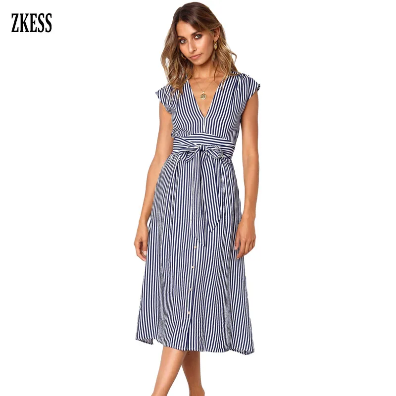 Zkess Women Summer Fashion Casual Striped A-line Dress Sexy V Neck ...