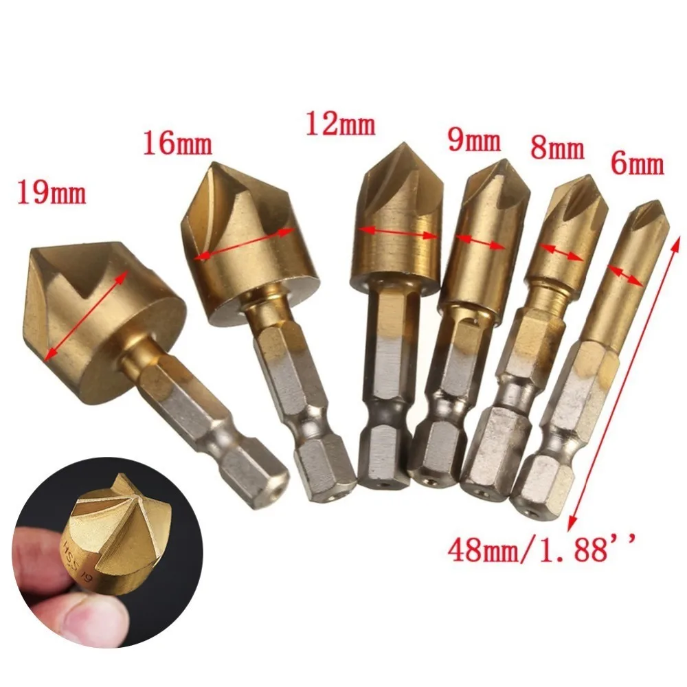 6PCS 5 Flute Chamfer Countersink 1/4" Hex Shank HSS 90 Degree Wood