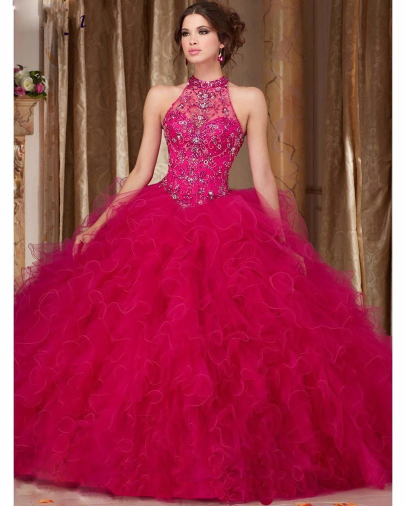Фуфырь Quinceanera Платья 2017 Высокая Шея Длинные Многоуровневое Бальные с Кристально