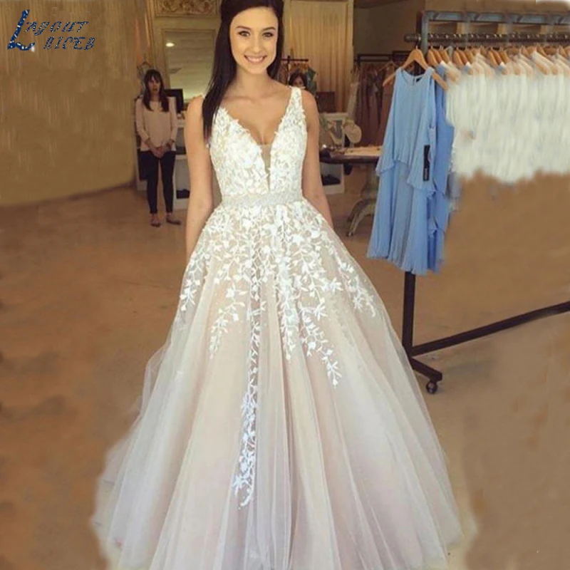 

ZL1006 New Elegant Beach Boho V-Neck Lace Tulle A-Line 2019 Wedding Dress Celebrity vestido De Noiva Bridal Gowns robe de mariee