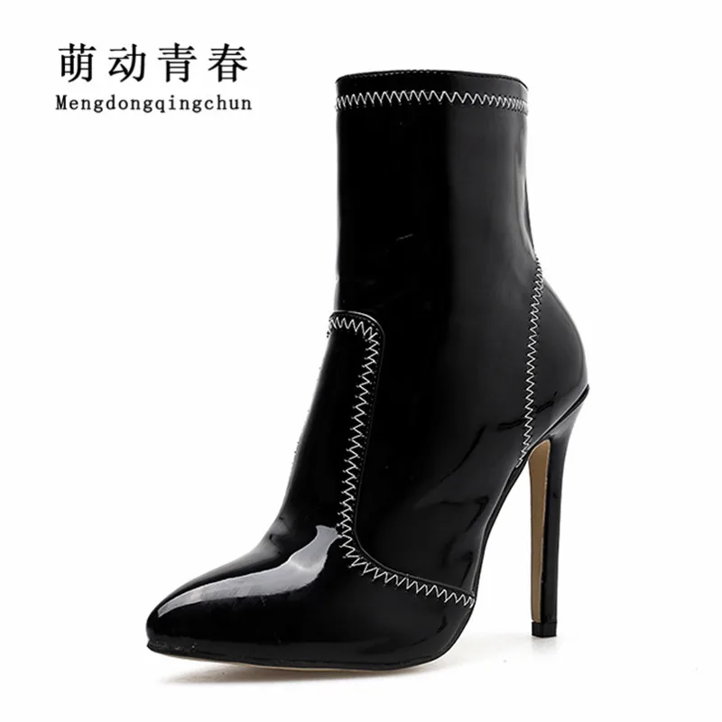 

Women Ankle Boots Patent Leather Pointed Toe Autumn Spring Boots Women Fashion Sewing Thin Heels Sexy Women High Heels Boots