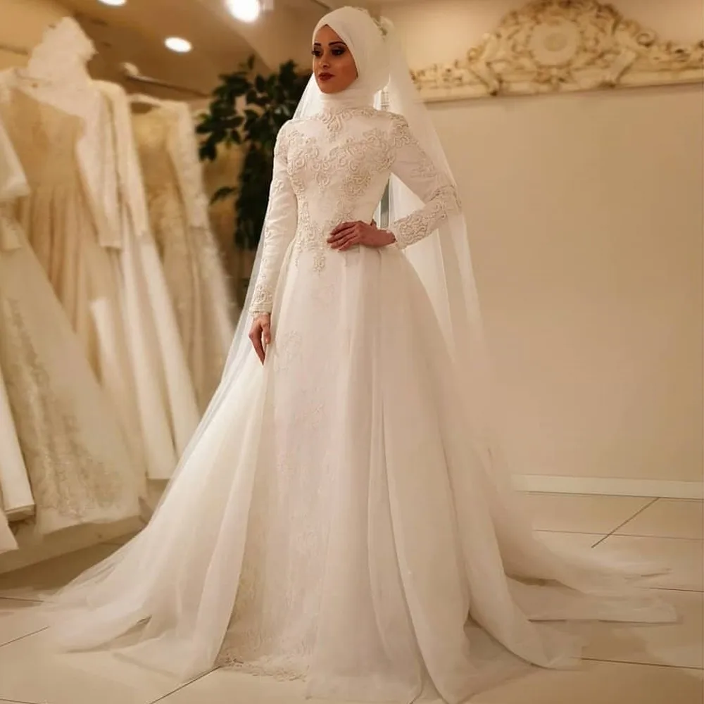 Vestido De Noiva элегантные мусульманские свадебные платья с длинным рукавом и круглым вырезом, фатиновые кружевные исламские Свадебные платья на молнии сзади