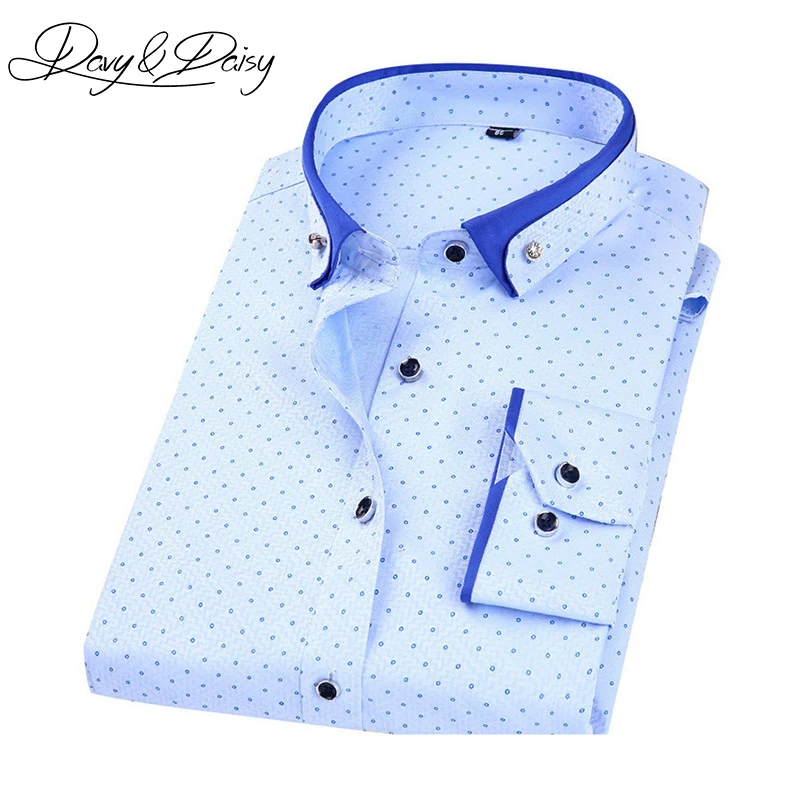 Vente DAVYDAISY Chemise Homme de Haute Qualité Mens Chemises Robe Slim Fit à Manches longues De Mode Polka Dot Imprimer Casual Shirt Hommes 4XL DS 162