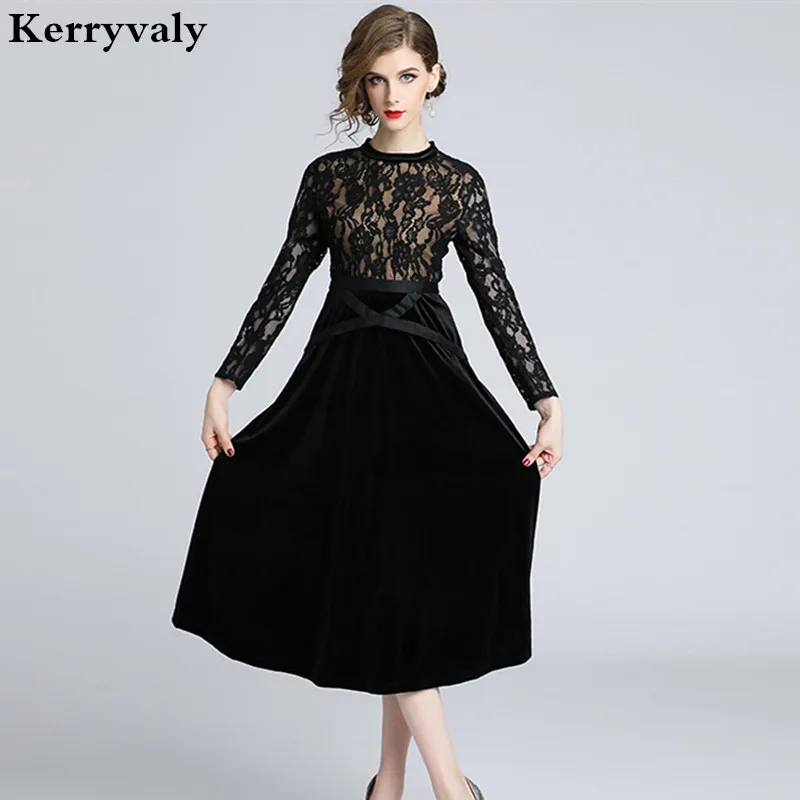 Зимние выдолбленные чёрный кружевной бархатный платье Vestidos Mujer 2021 для женщин с
