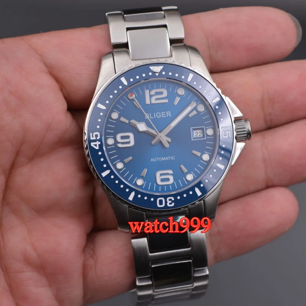 Новые модные автоматические мужские часы BLIGER 40 мм Дата, сапфировое керамика со стразами рамка раскладные застежки механические мужские часы