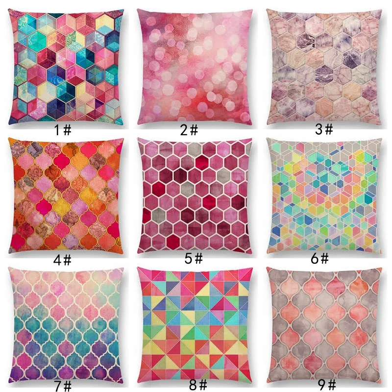 

New Rainbow Pastel Watercolor Moroccan Hexagon Pattern Colorful Gemstone Crystal Cubes Cushion Car Cover Sofa Throw Pillow Case