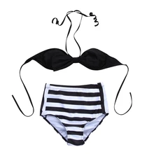 

Mother&Daughter New Fashion Casual Striped Halter Lace-Up Band Bow Bikini Summer Family Matching Swimwear Swimsuit Hot