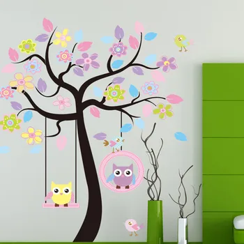 

Removable Flower Tree Owl Pvc Wall Decals Adhesive Owl and Tree Branch Vinyl Wall Decal Cartoon Tree for Nursery and Kids Room