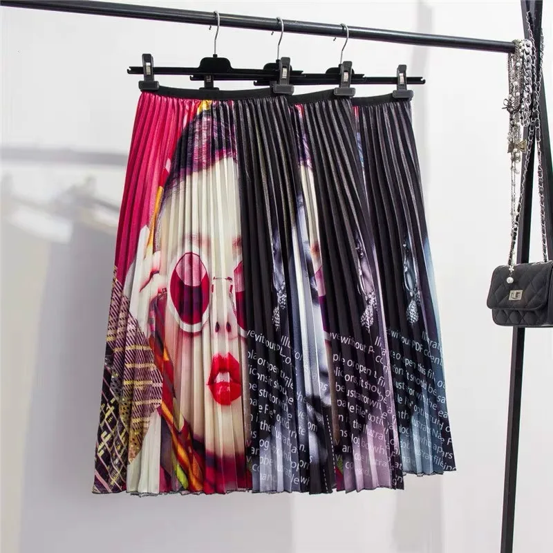 

2019 Spring Summer New-Coming Europen Printing Patchwork Pattern High Elasticity Pleated High Street Style Women Skirts