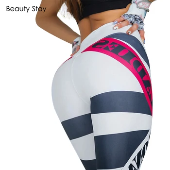 

Beauty Stay High Elastic Women Leggings Push Up Workout Letter Printed Stripe Sexy Bodybuilding Jegging Femme Trousers