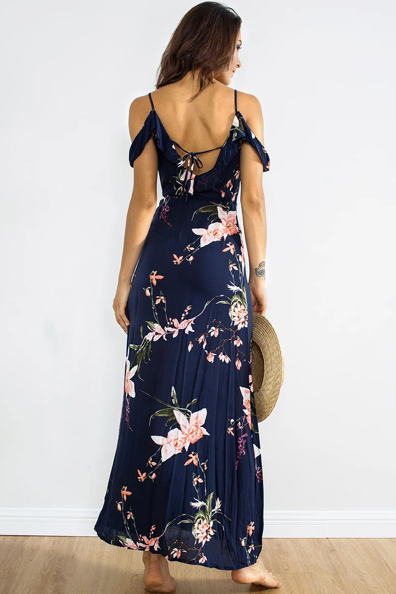 BONGOR LUSS Vintage Floral Print Women Long Bohemian Dress Wrap Casual Ruffle Frill V-Neck Short Sleeve Summer Beach Maxi Dress (20)
