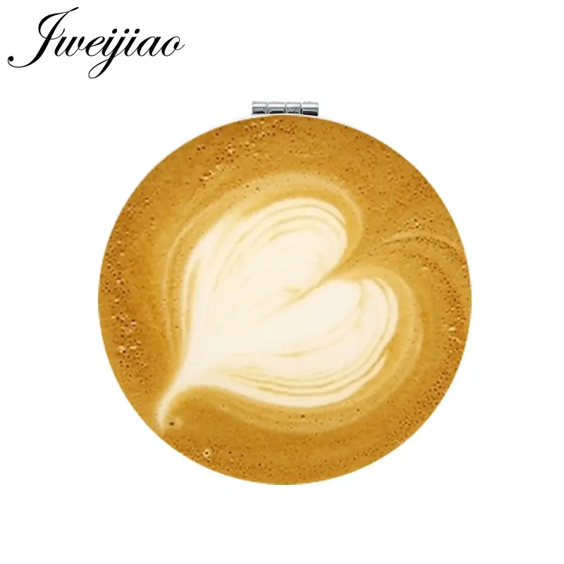 

JWEIJIAO Coffee Latte Carving Love Heart Art Makeup Mirror Round Mini Folding Compact Pocket Mirror 1X/2X Magnifying espelho