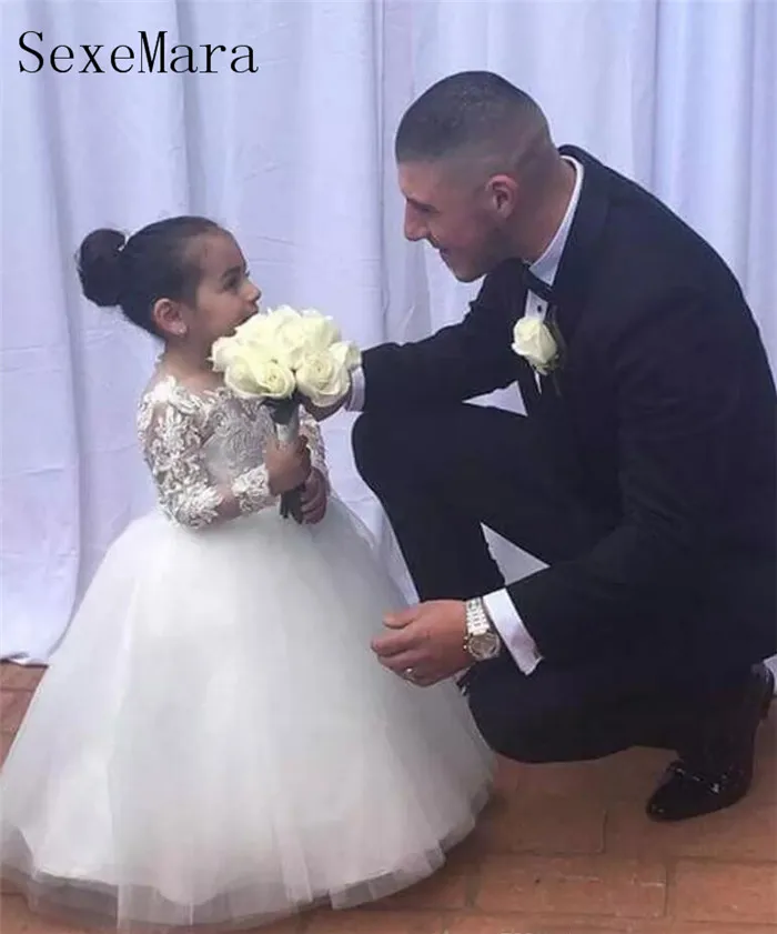 

White Tulle For Cute Princess New Flower Girl Dress For Wedding Lace Top Long Sleeves Holy First Communion Dresslx