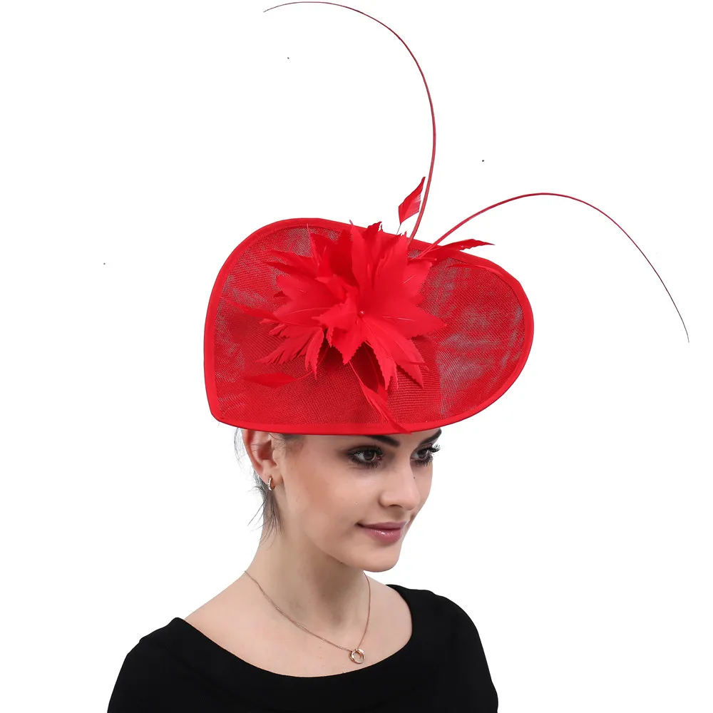 

Church Red Fascinators Hats Big Derby Women Wedding Nice Headwear Feathers Hair Accessories Bridal Ladies Elegant Race Headpiece