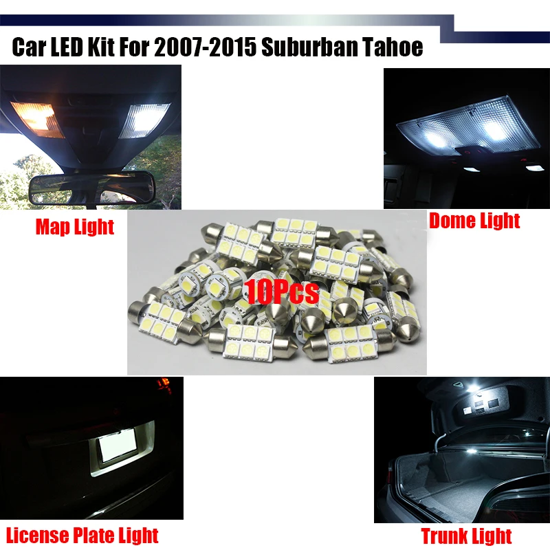 Cawanerl 10 x Car Interior Bulb LED KIT Package White DC 12V For 2007 2015 Suburban or Tahoecar