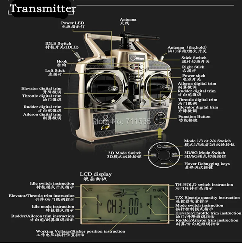 

6Ch Transmitter / Controller Set Parts For WLToys V966 V977 V930 V931 V988 Remote Control RC Helicopter