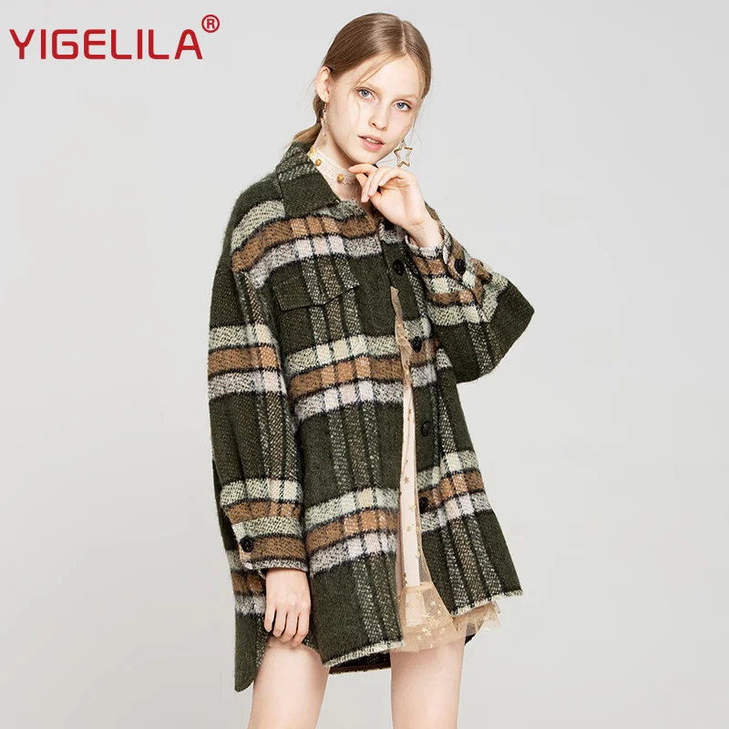 

YIGELILA Fashion Women Plaid Woolen Coat Autumn Winter Turn-down Collar Single Breasted Wide-waisted Short Coat 9833