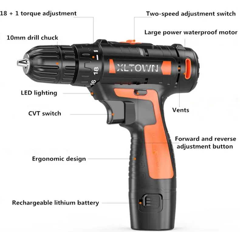 XLTOWN 12/16. 8/алюминиевая крышка, 25В электрическая дрель High-End Аккумуляторная дрель мульти-Функция Перезаряжаемые литий Батарея электрическая отвертка инструменты