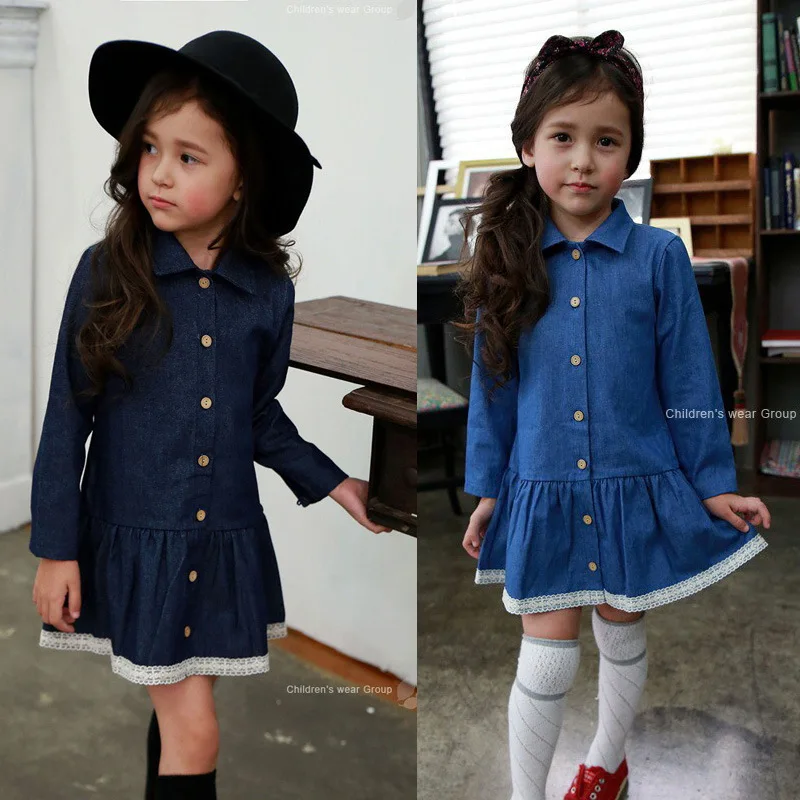 Джинсовое кружевное платье для девочек; коллекция года; детская одежда; Осенняя повседневная одежда для девочек; детское джинсовое платье с отложным воротником