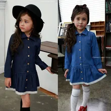 Girls Denim Lace Dress 2016 Children Clothing Autumn Casual Style Girls Clothes Turn-Down Collar Dress Kids Clothes