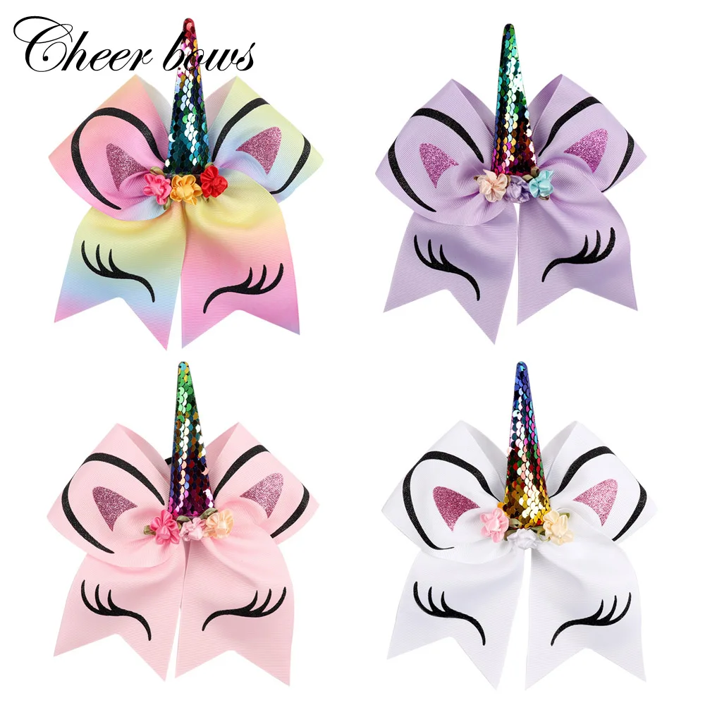

8pcs/lot 8"Rainbow Unicorn Sequin Cheer Bow With Elastic Band Glitter Printed Hair Bow with Flowers Children Hair Accessories