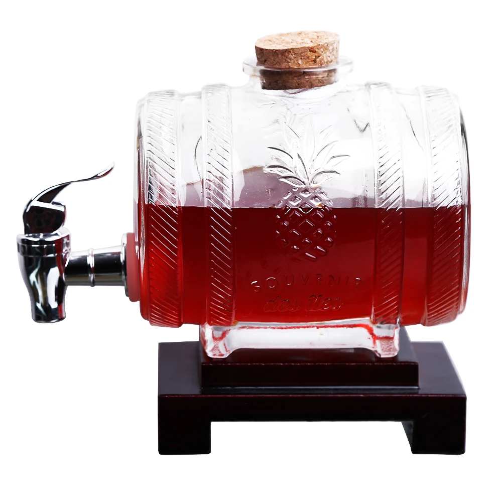 1L Wine Beer Barrel Decanter with Wooden Stand Drink Dispenser for Wine