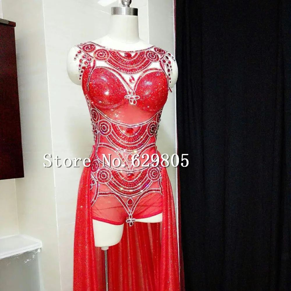 Rhinestone Bright Bodysuit Skirt Leotard Costume Stage Show Female