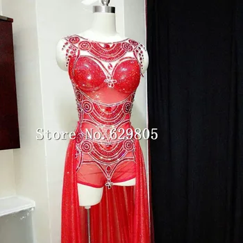 

Rhinestone Bright Bodysuit Skirt Leotard Costume Stage Show Female Singer Dj Sparkling Red Diamond Sexy Sequins Ruby Train