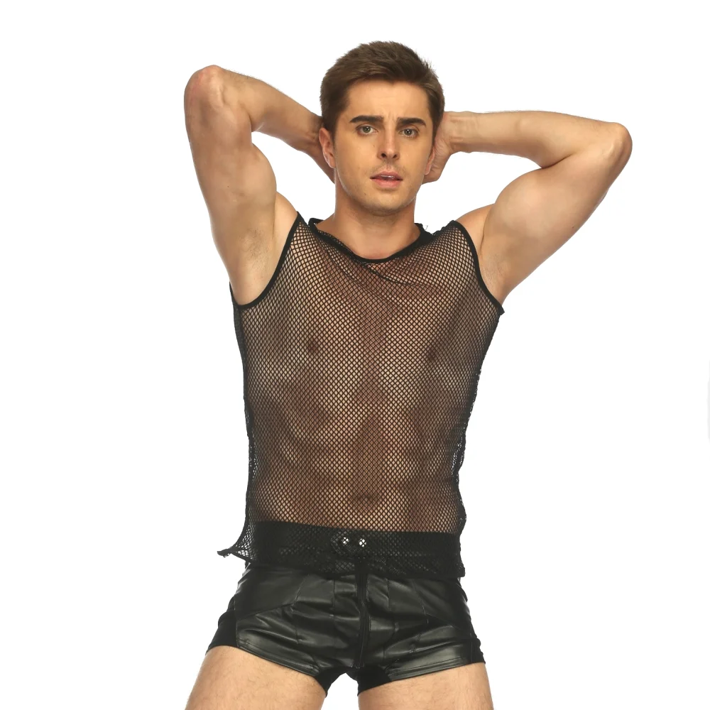 2018 New Arrival Men Sexy Top Fetish Leather T shirt Hip Hop Costume Short Sleeve Night Clubwear