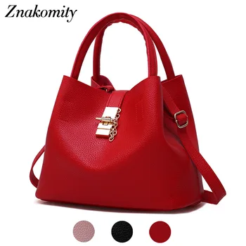 

Znakomity Fashion red ladies tote hand bags for women casual bag bucket leather handbag European style messenger shoulder bags