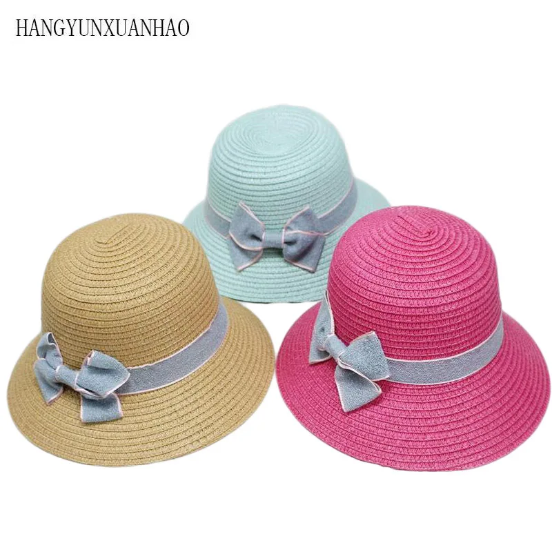 

Parent-Child Straw Hats Cute Child Girls Straw Hat Bowknot Sun Hat Kids Large Brim Beach Summer Round Flat Top Fedora Hats