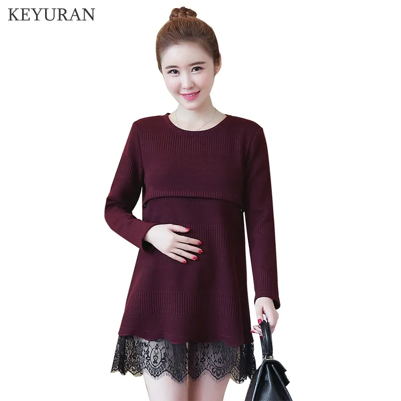 

Maternity Clothes Lace Dresses Pregnant Nursing Dress Pregnancy Knitting Sweater Autumn Long Sleeve Breastfeeding Clothing Y325