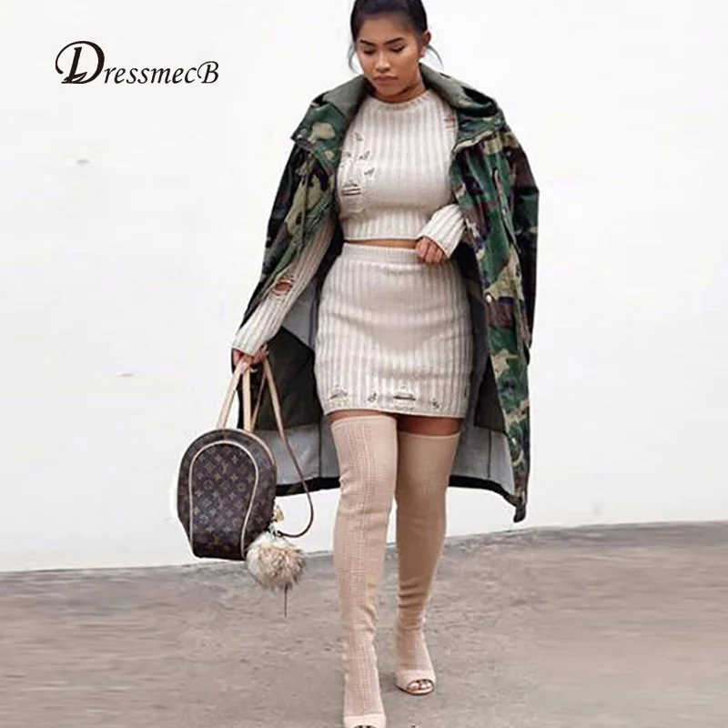 

DRESSMECB 2018 Winter Fashion Sexy Solid Computer Knitted Bodycon Dress Hole 2 Pcs Long Sleeve New Year Christmas Dress Outfits
