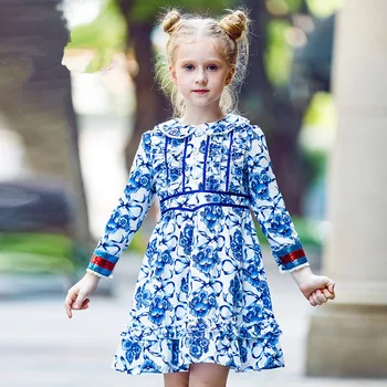 

W.L.Monsoon Autumn New National Style Blue and White Porcelain Print Dress Doll Collar Long Sleeve Girls Dress