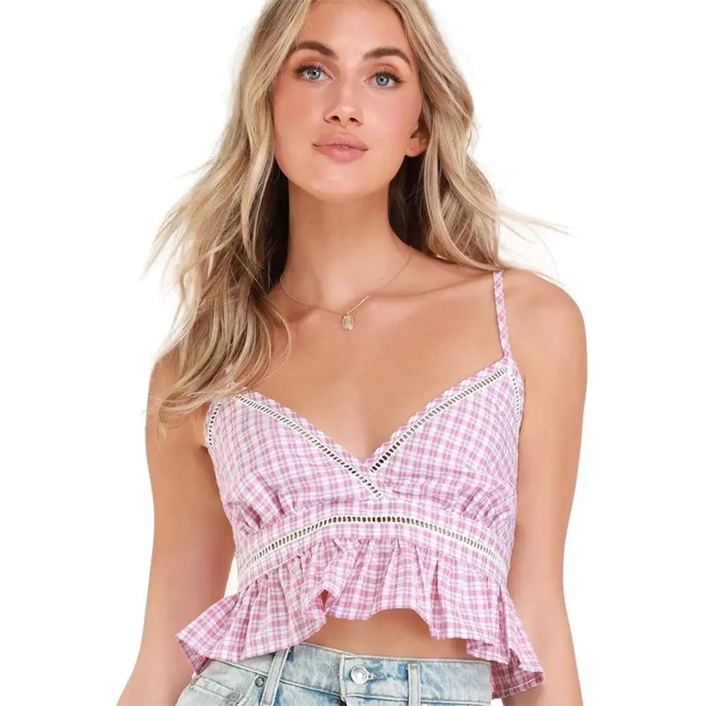 

2019 NewYfashion Women Girl V Neck Plaid Pattern Short Style Midriff-baring Shoulder Sling Vest