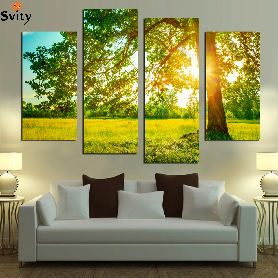 

4Panels unframed sun refraction tree lawn Scenery Wall Art Pictures Print On Canvas Painting For Home Kitchen Decoration F18851