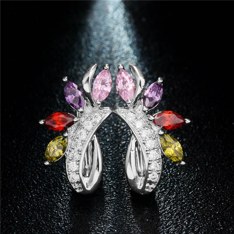 

QCOOLJLY Brand Design Women Jewelry 1pair silver Color Brincos Multi-colors CZ Cubic Zircon Hoop earring For Women Birthday Gift