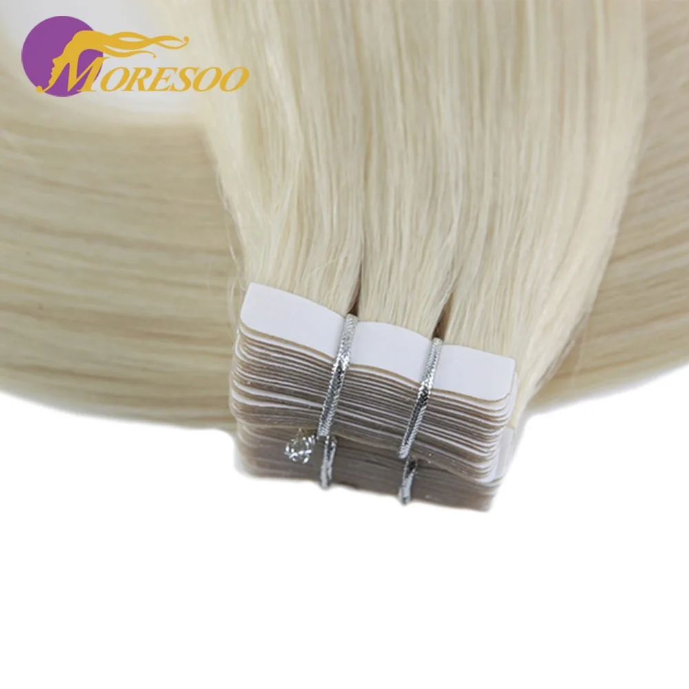 Moresoo Machine Remy Tape In Hair Extensions Brazilian Human Hair Skin Weft Platinum Blonde #60 20G-100G 14-24 Inch Tape Hair