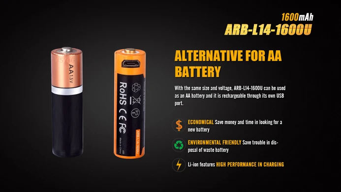 2 шт Fenix ARB L14 1600U USB перезаряжаемая 1600mAh литий ионная 14500 1.5В батарея|torch flashlight|cree xm-l2 u2