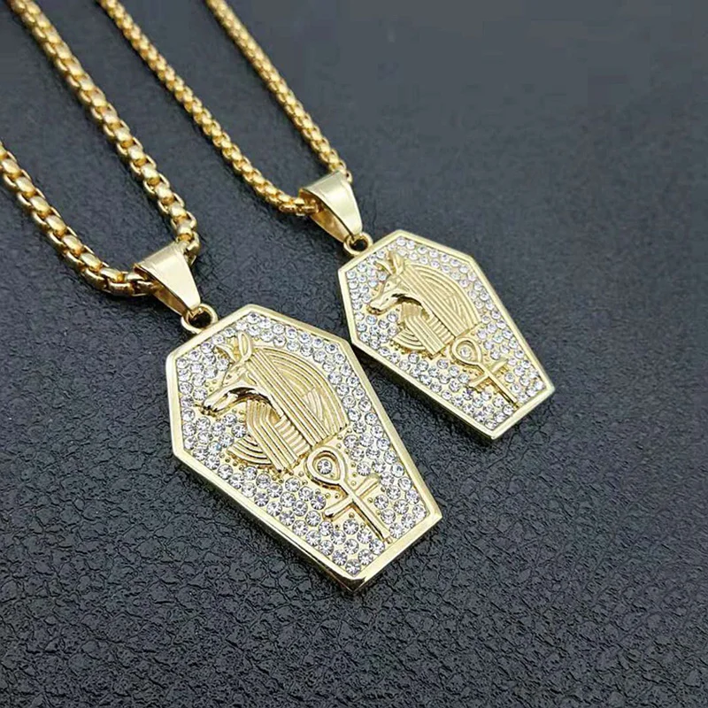 

Hip Hop Full Rhinestone Bling Iced Out Gold Color Stainless Steel Egypt Ankh Cross Anubis Pendants Necklace for Men Jewelry