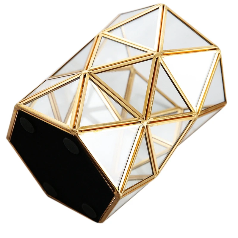 

LUDA Glass Makeup Brush Holder Gold Three Angles Prismatic Glass Makeup Pearls Brush Storage Organizer Box