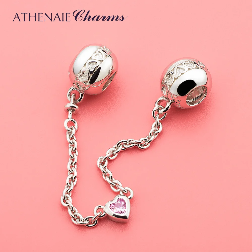 ATHENAIE 925 пробы Серебряное сердце любовь соединение прозрачный CZ безопасности цепи подходят европейские браслеты цвет красный и розовый