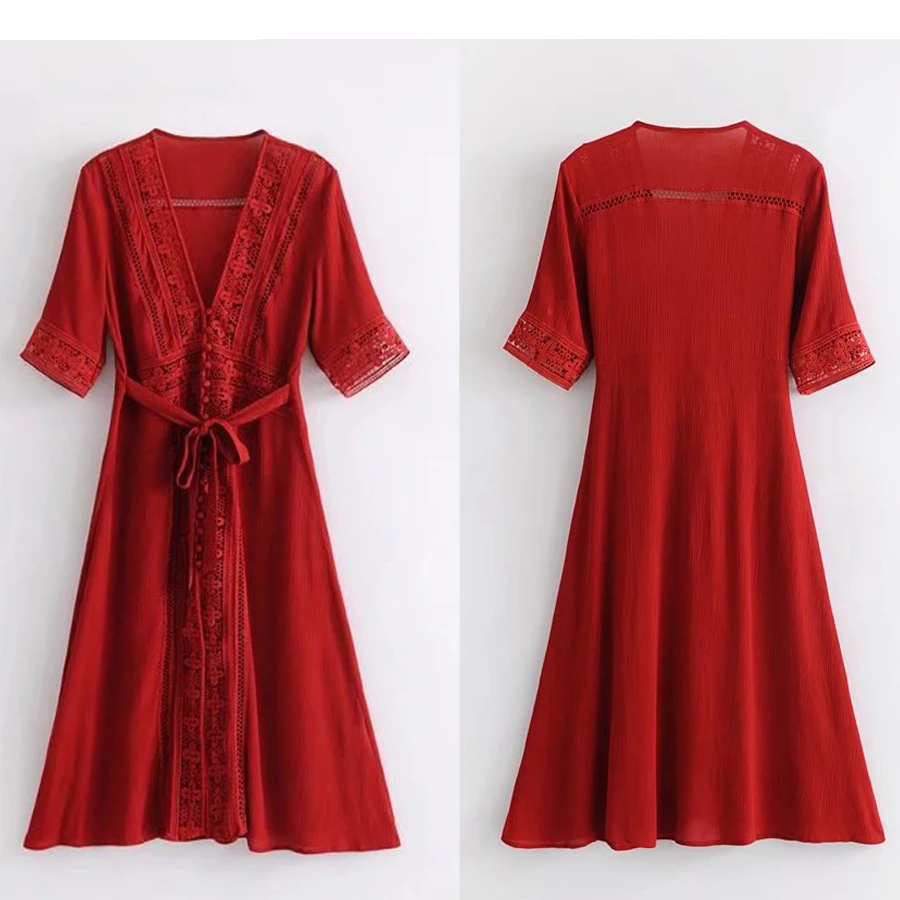 Длинное платье TEELYNN Boho винтажное с цветочным принтом и кружевной строчкой